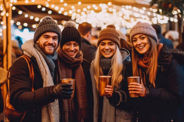 groupe d'amis à un marché de noël