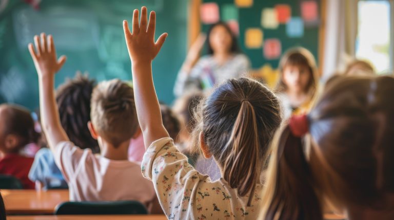 Enfants qui lèvent la main en classe d'école