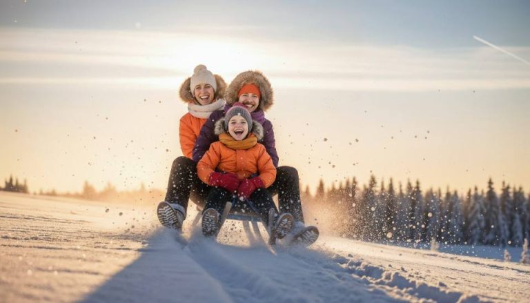 Famille qui de la luge en hiver