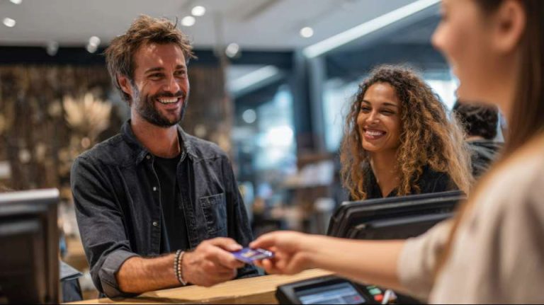 Couple au comptoir qui donne sa carte bancaire pour payer
