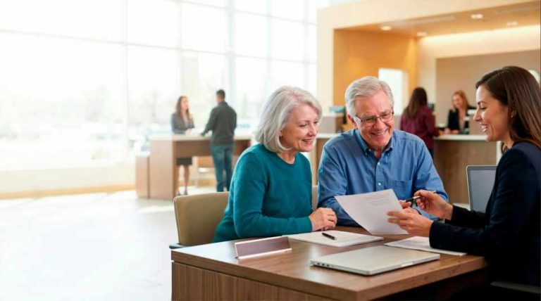 Couple de seniors examinant un document financier avec une conseillère dans une banque.