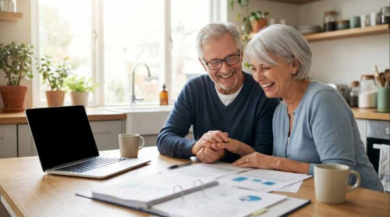 couple de seniors heureux examinant des documents financiers et planifie sa retraite à la maison.